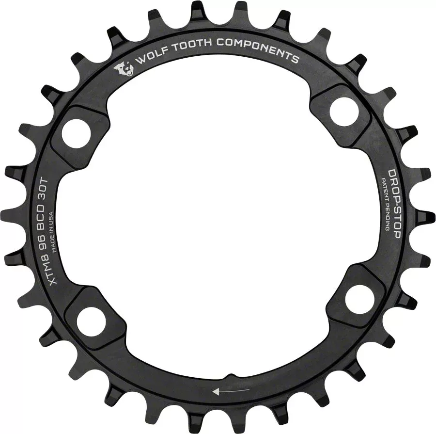 Wolf Tooth 96 BCD Chainring - 38t 96 Asymmetric BCD 4-Bolt Drop-Stop A For Shimano XT M8000 SLX M7000 Cranks BLK