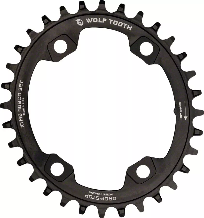 Wolf Tooth Elliptical 96 BCD Chainring - 32t 96 Asymmetric BCD 4-Bolt Drop-Stop A For Shimano XT M8000 SLX M7000 Cranks BLK