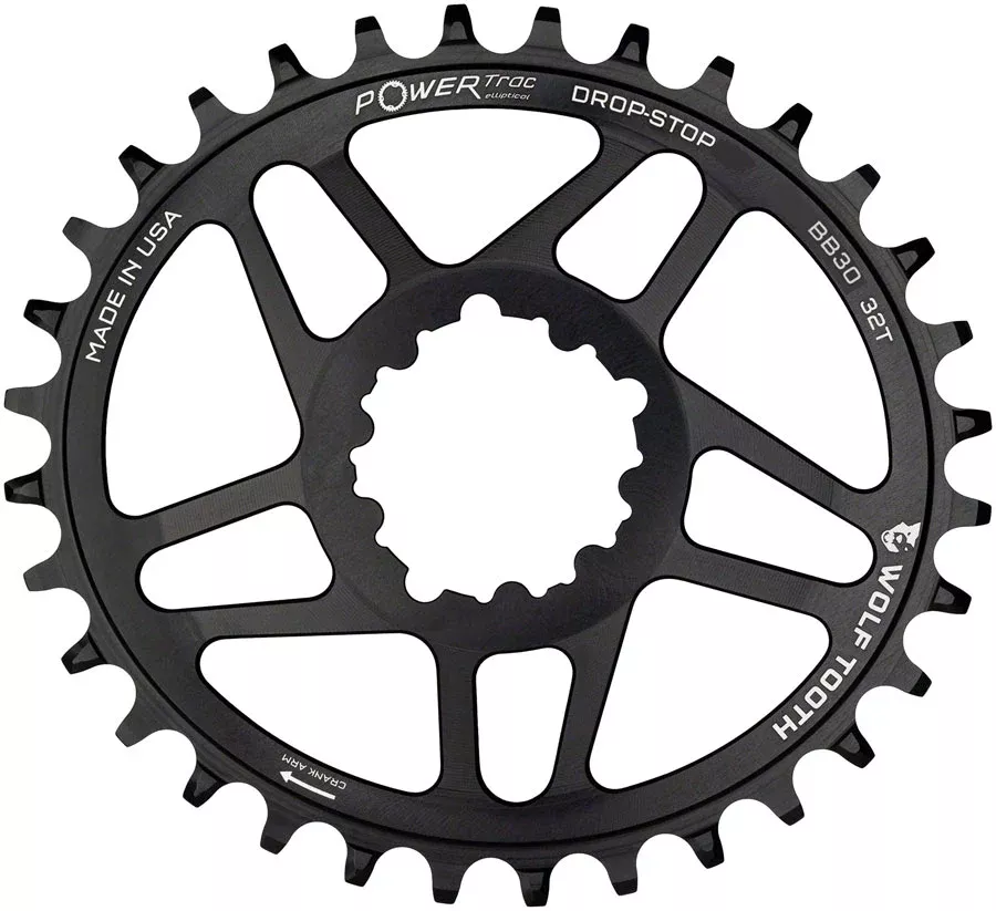 Wolf Tooth Elliptical Direct Mount Chainring - 32t SRAM Direct Mount Drop-Stop A For SRAM BB30 Short Spindle Cranks 0mm Offset BLK