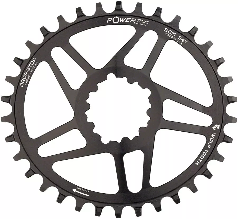 Wolf Tooth Elliptical Direct Mount Chainring - 34t SRAM 3-Bolt Direct Mount Drop-Stop A For SRAM Cranksets 6mm Offset BLK
