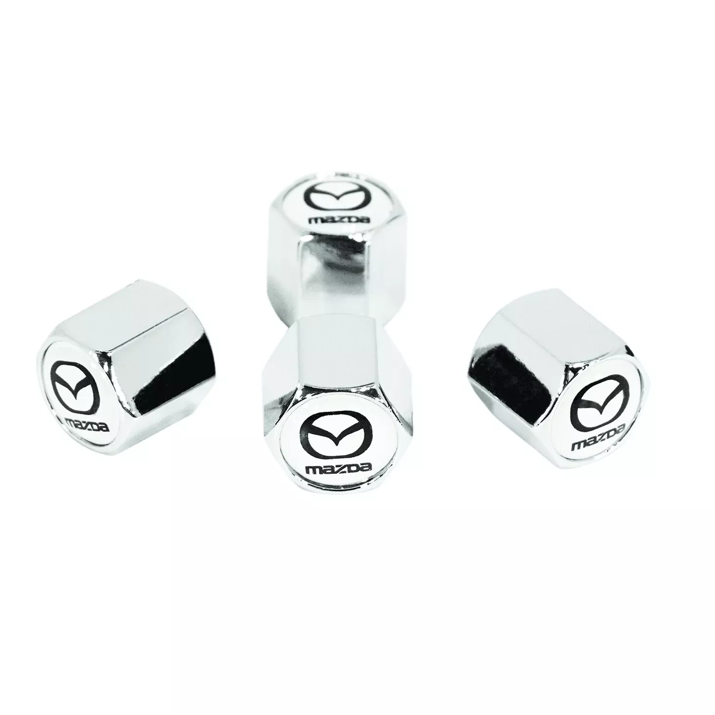 ZSPEC Chrome Valve Stem Tire Caps – Mazda Logo on White | 4-Pack