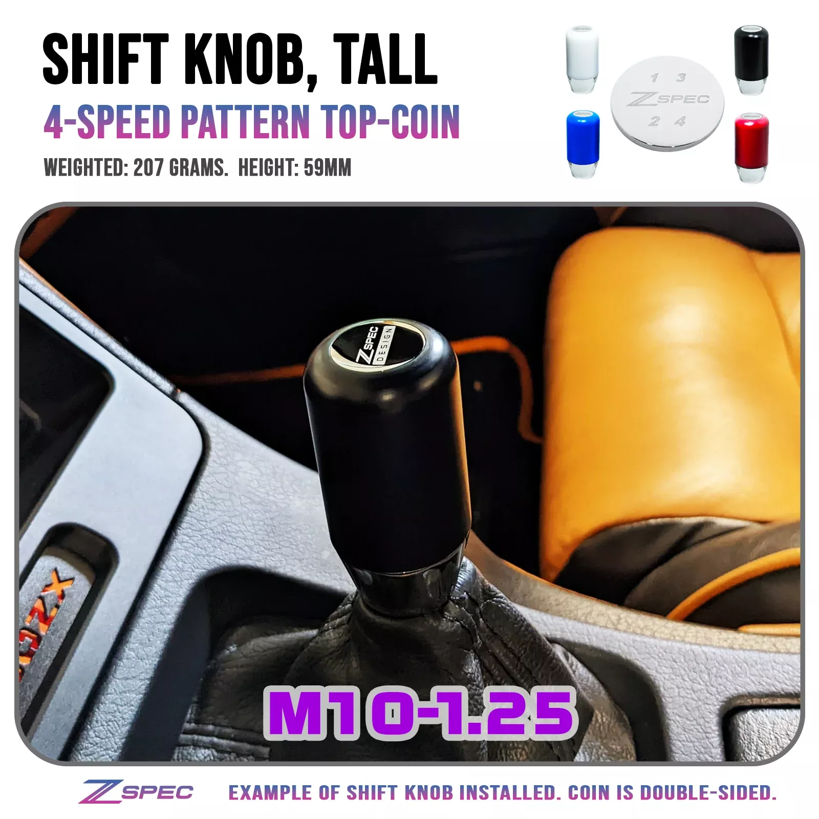 ZSPEC Shift Knob, M10-1.25, Delrin & Stainless, 207 Grams, 4-Speed Pattern